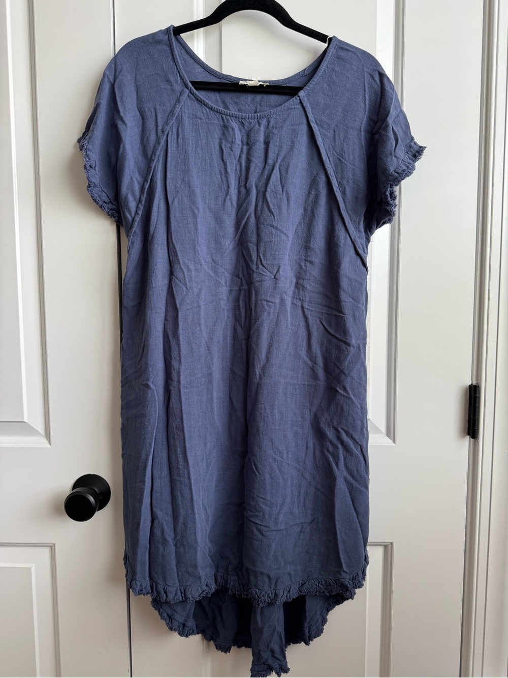Umgee Linen Blend Frayed Fringe Hem Shift Dress Blue L